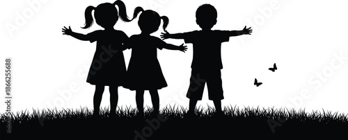 Silhouettes of three happy children playing together in a grassy field with butterflies, childhood friendship concept, outdoor summer fun vector illustration 