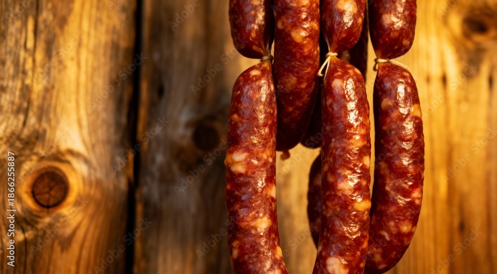 Fototapeta premium Rustic Cured Sausages Hanging on Wood