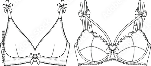 Women Lingerie Bra Technical Sketch Template, Bow Detail Lace Bralette CAD Drawing Flat Vector Illustration Front View Fashion Design Mockup