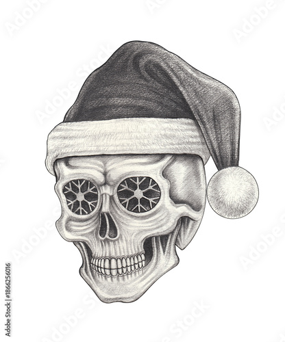 Santa claus skull christmas surreal art design by hand drawn.