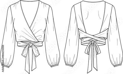 Women Wrap Crop Top Technical Sketch Template, Long Sleeve Tie Front Blouse CAD Drawing Flat Vector Illustration Front Back View