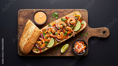 Baguette sandwich with shrimp on a wooden cutting board