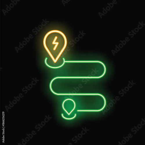 Glowing neon line electric car route icon isolated on black background environmentally friendly concept vector illustration