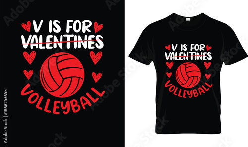 V Is For Volleyball Valentine Design with Red Volleyball and Hearts, Cute Sports Love Illustration for Valentine’s Day T Shirt, Volleyball Player Gift Graphic and Holiday Sport Art
