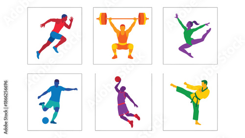 Dynamic Colorful Sports Icons Set Running Weightlifting Gymnastics Soccer Basketball Karate