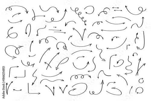 A large set of hand-drawn arrows in black marker, isolated on white, vector. A sketch with a line of simple different navigation signs, direction indicators in the doodle style. Curved movement symbol