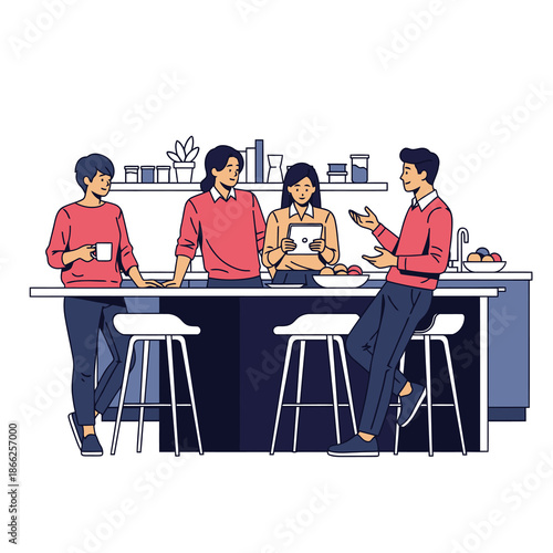 A vibrant 2D flat graphic illustration shows four young professionals taking a casual break near a modern office kitchen island, one holding coffee and another checking a tablet device