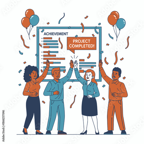A vibrant 2D flat graphic shows a diverse corporate team celebrating a successful project milestone with high fives near an achievement chart, symbolizing energetic collective success