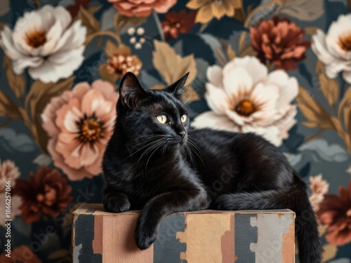 Photo of a black cat on a bright floral background
