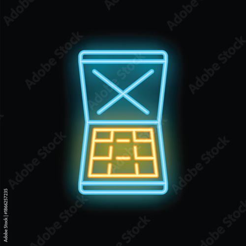 Glowing neon line makeup powder with mirror icon isolated on black background. Vector illustration