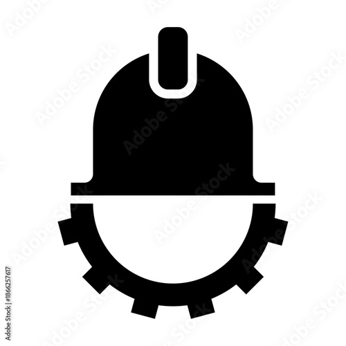 Black industrial helmet with gears symbol, worker safety icon for construction, engineering, and manufacturing concepts, flat vector illustration isolated on white background