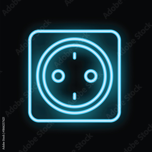 Neon blue european power socket is glowing on a black wall