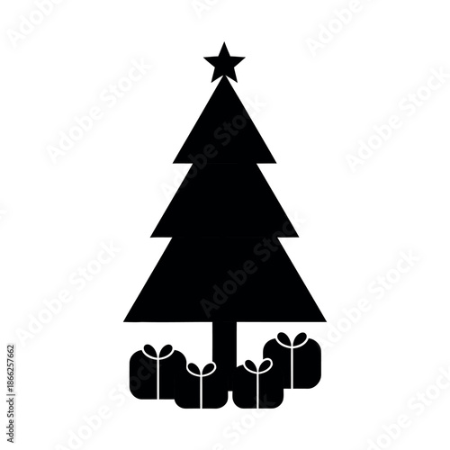 Solid black silhouette of a Christmas tree with a star topper and a pile of gifts at the base. High-contrast holiday graphic.