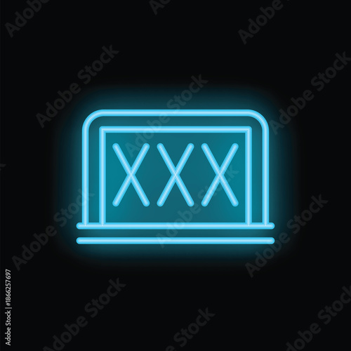 Blue neon sign showing xxx sign on black brick wall background
