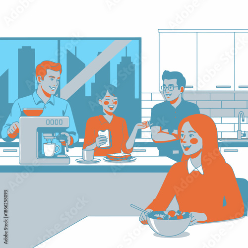 Flat 2D graphic illustration of four happy young employees laughing and chatting during an informal lunch break in a bright, modern office kitchen overlooking the city skyline