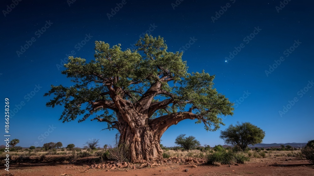 Obraz premium A massive, ancient baobab tree stands majestically under a clear blue African sky with a weathered, gnarled trunk and spreading branches.