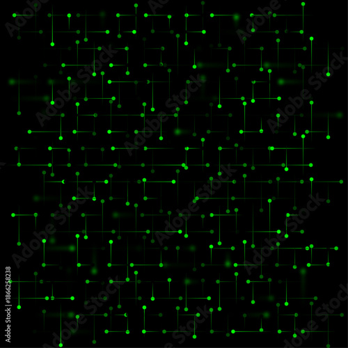 Abstract green and blue grid network design, connected dots and lines forming a complex structure, digital and technological connections concept, flat vector illustration isolated on dark background