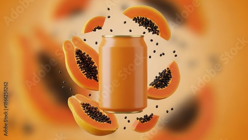 A vibrant orange juice can surrounded by fresh papaya slices and seeds