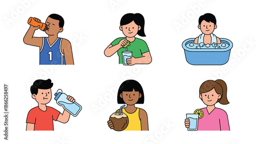 Set of Diverse People Staying Hydrated and Practicing Self Care Drinking Water Bathing and Refreshing Beverages