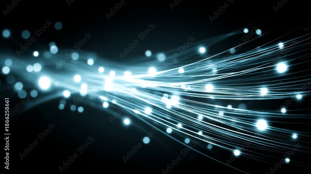 Fototapeta premium Bundles of Luminous Fiber Optic Cables Transmitting Data With Bright Blue Light Streaks Across a Dark Background.