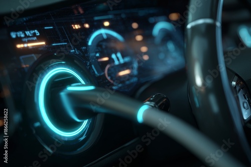 A charging cable is connected to an electric car. The dashboard display shows light indicators that reflect the charging status in a vehicle Generative AI