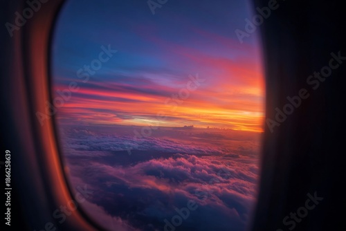 Clouds fill the sky as daylight fades, showing a colorful display of oranges and purples at sunset from an airplane window during a flight Generative AI
