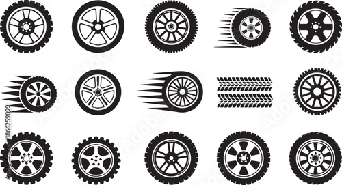 set car wheel icon collection. fast speed wheels symbol tire track texture racing logo design vector illustration