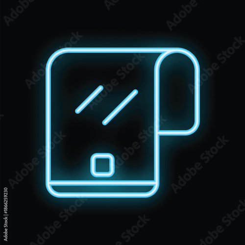 Blue neon icon of a smartphone with a folding screen glowing on a black background