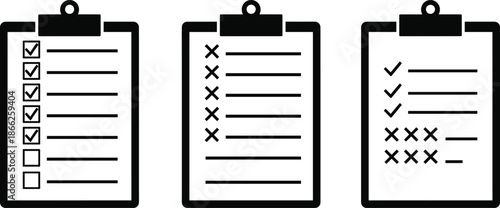 Checklist clipboard vector set featuring task lists check marks and planning icons for productivity and management design