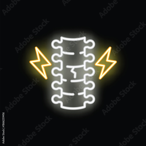 Neon sign illustrating a broken spine experiencing back pain, symbolizing medical conditions and healthcare needs