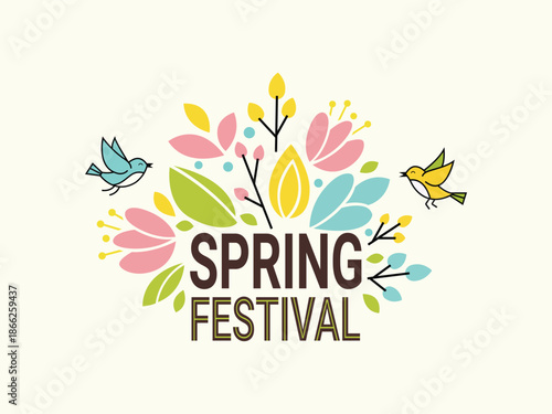 Colorful spring festival emblem with cheerful birds and blooming flowers