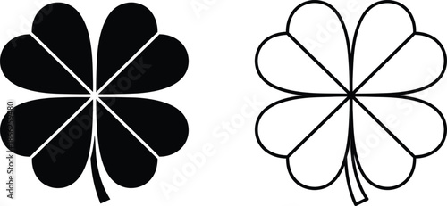 Black and White Four Leaf Clover Illustration, Saint Patrick's Day Luck Icon