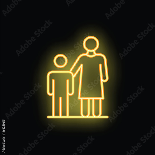 Glowing neon icon of a mother and her son holding hands, symbolizing family and parental love