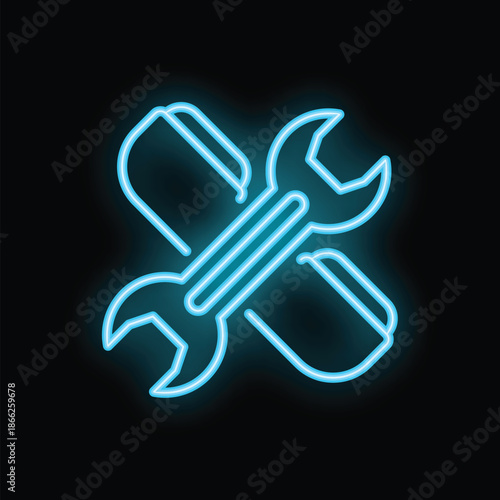 Neon blue wrench spanner tool icon glowing on black background