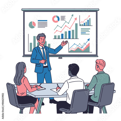 Flat 2D graphic scene depicts a confident male manager presenting financial data and positive business growth projections on a large screen to three colleagues during a corporate meeting