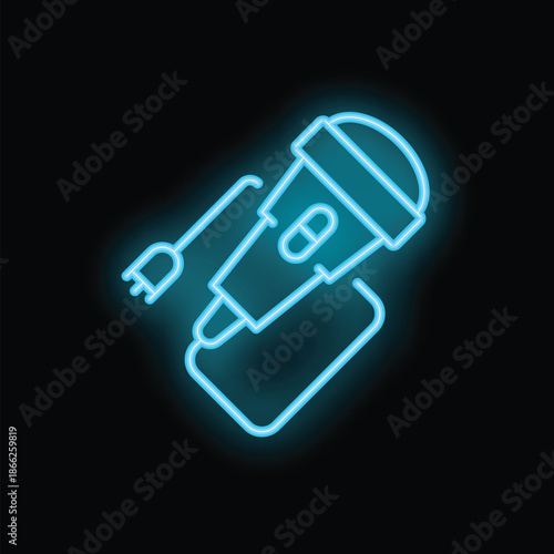 Blue glowing neon icon of a wired microphone with a power plug, representing audio recording and broadcasting