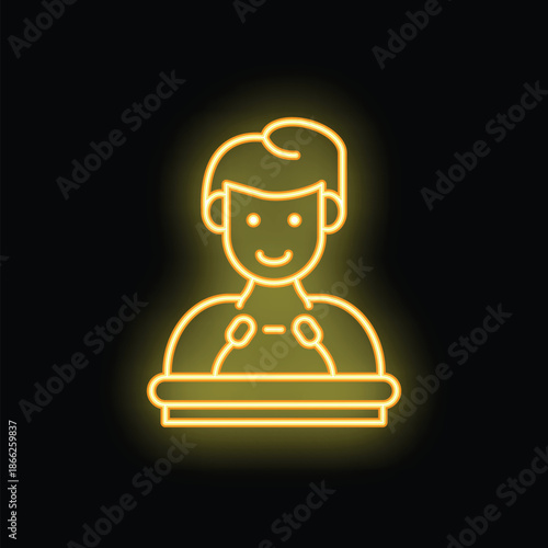 Yellow neon icon of a smiling politician speaking to public from tribune