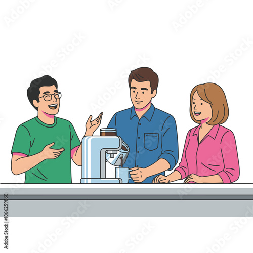 Flat 2D graphic scene illustrating three happy colleagues taking a coffee break in a sleek modern breakroom counter area, enjoying casual conversation and corporate camaraderie with ample copy space