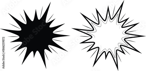 Comic Book Style Explosion Graphics Black Silhouette and Outline on White Background