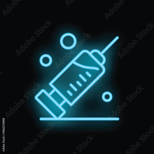 Neon medical icon of a syringe lying on a surface, glowing blue, on a black background