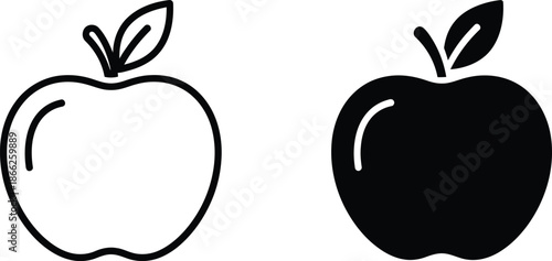 Contrasting Apple Art Black Silhouette and Outlined Version with Leaf Detail