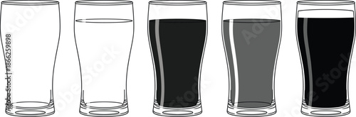 Beer glass vector set showing different fill levels pints and beverage drinkware silhouettes for bar and brewery design