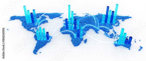 Bar chart on a planisphere background. Financial analysis and market insights worldwide