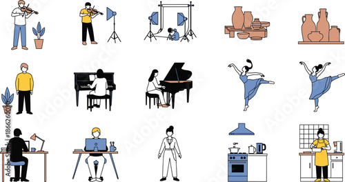 Creative People and Artistic Activities Illustration Set Showing Music Performance, Dance Practice, Photography Studio, Pottery Craft, Cooking, and Work from Home Scenes