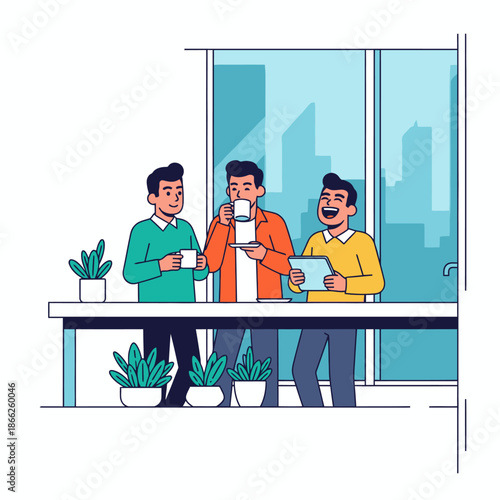 Happy colleagues enjoy an informal coffee break and conversation near a modern office kitchen counter, illustrated in a vibrant flat 2D graphic style