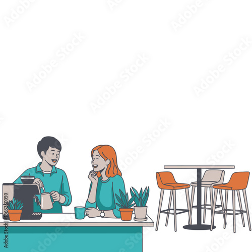 Happy young colleagues laughing and talking while preparing coffee at a sleek office kitchenette counter in this vibrant 2D flat graphic illustration