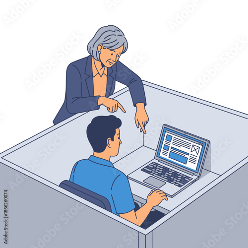Positive workplace mentorship and knowledge transfer is shown as a senior female manager guides a junior employee on his laptop over a cubicle wall in a clean 2D flat graphic scene