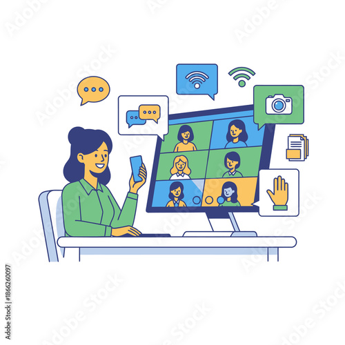 Professional female employee happily participating in a collaborative motion conference call on a giant screen inside a modern office, presented in a vibrant 2D flat graphic scene