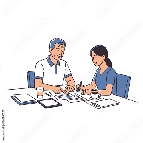 Senior male manager mentors younger female subordinate, providing constructive feedback and reviewing documents in a productive one on one session, rendered in clean flat 2D graphic style