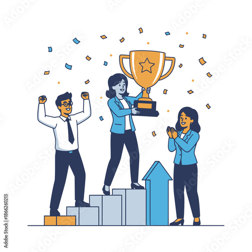 Successful business colleagues celebrating a project milestone with a large trophy and confetti on a corporate step chart, presented as a vibrant 2D flat graphic illustration